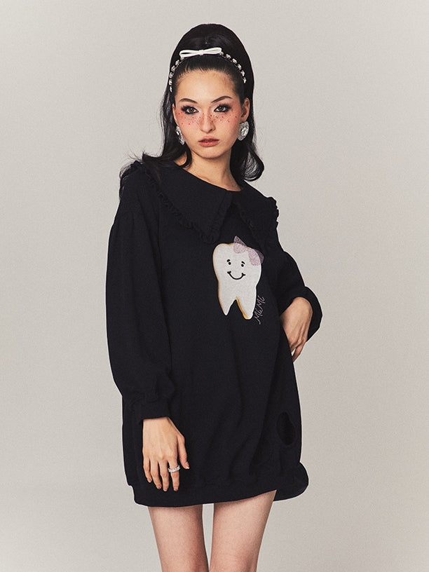 Teeth Oversize Damage Frill Casual Pop Pullover