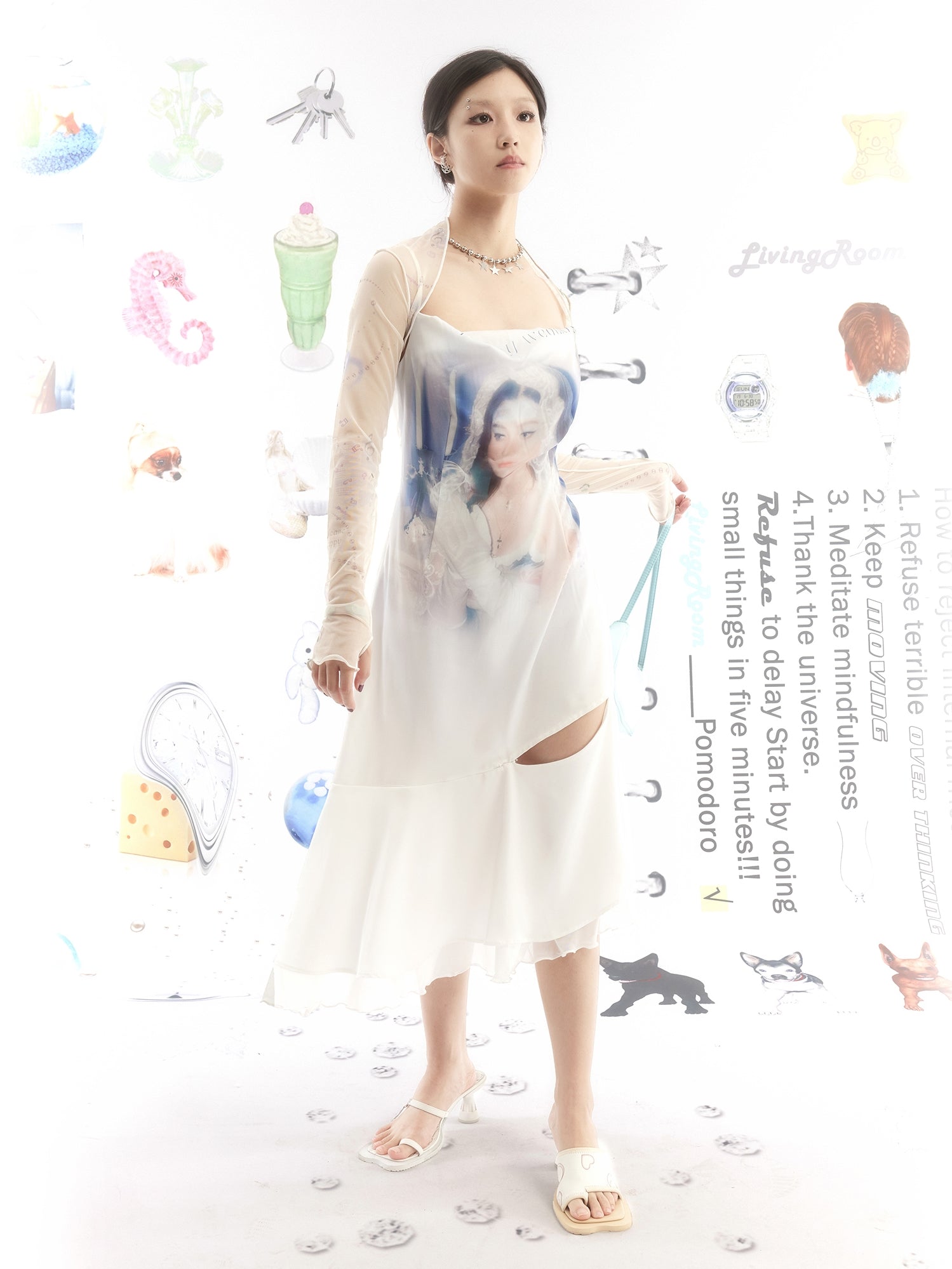 초상화 인쇄 비대칭 헴 슬립 드레스