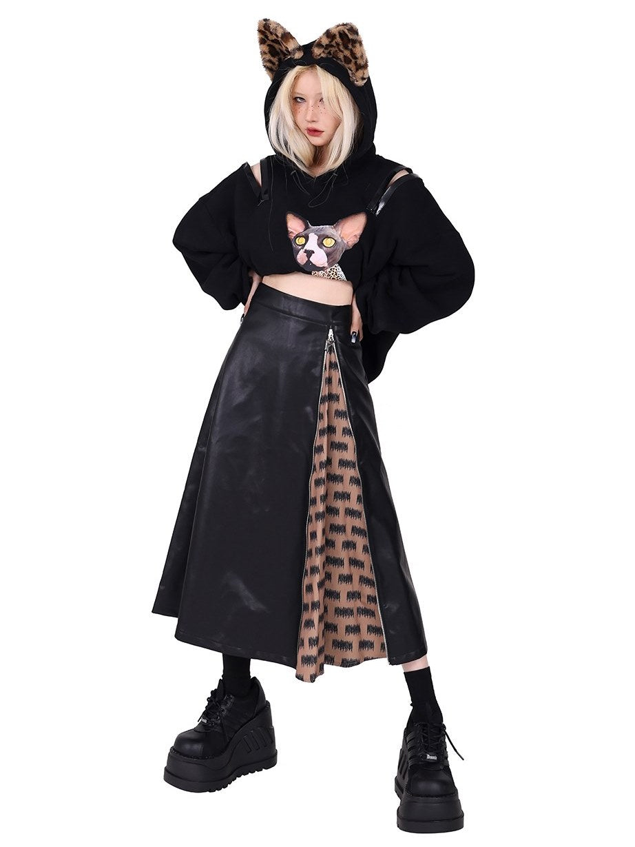 Zipper Contrast Color Leather Skirt
