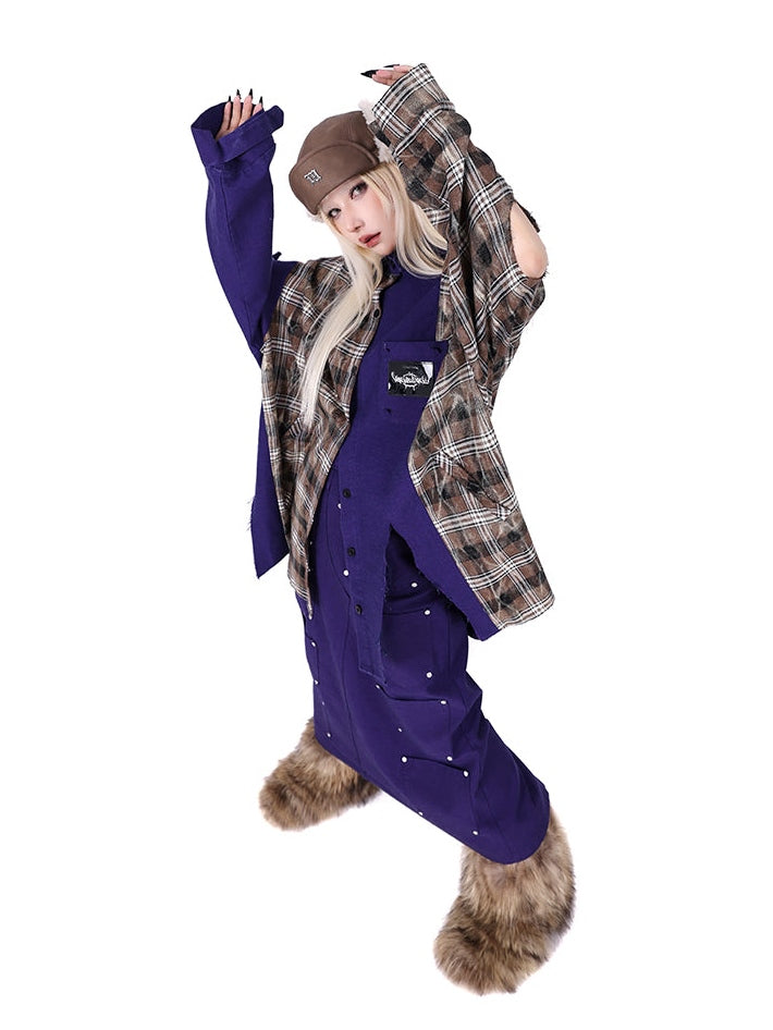 스티칭 격자 무늬 슈퍼 컷 느슨한 셔츠