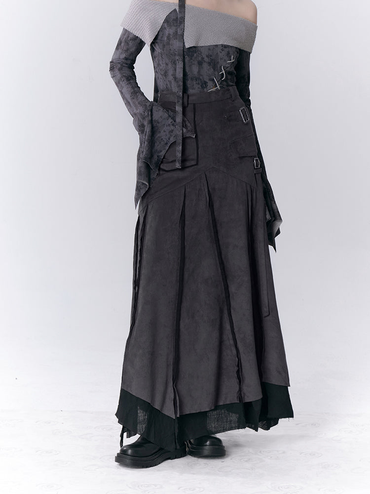Retro Fake Suede Stitching Skirt