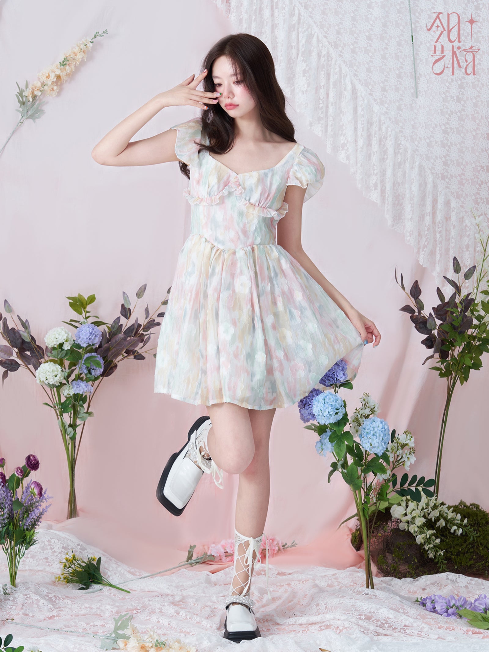 넥타이 염색 프릴 달콤한 꽃 원피스