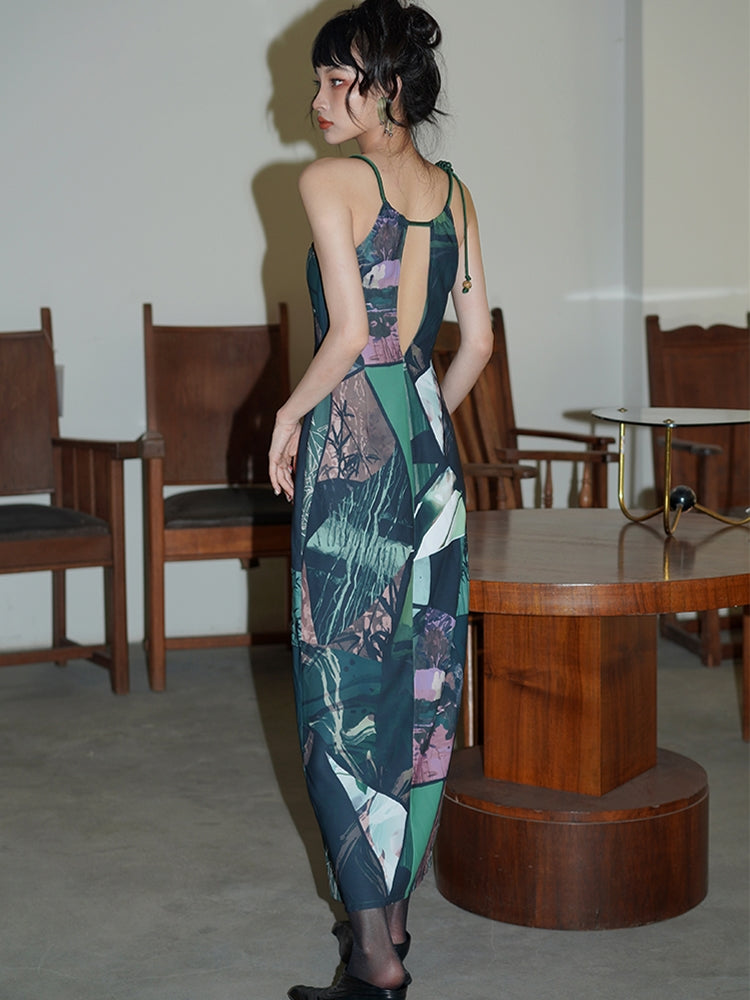 Vintage Print Slim Long Spit Kleid