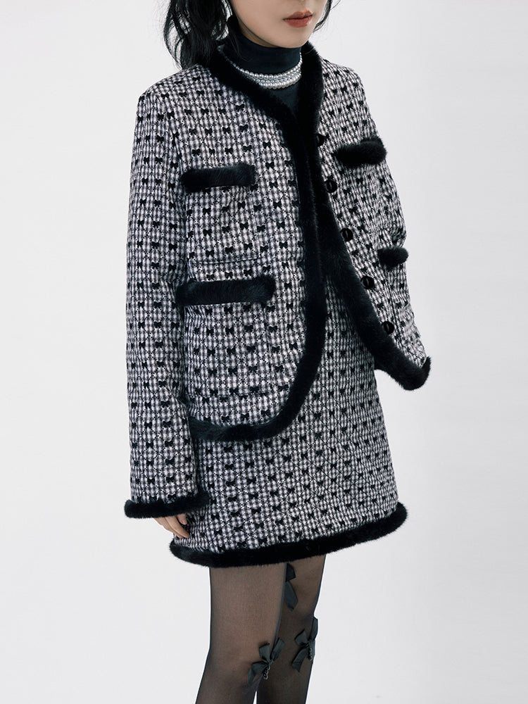 Wool Fur Ribbon Girly Suit Jacket & Skirt