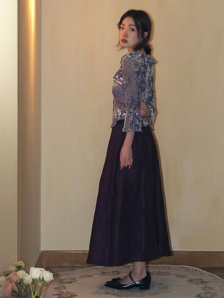 플로럴 프릴 칼라 혼 슬리브 상단