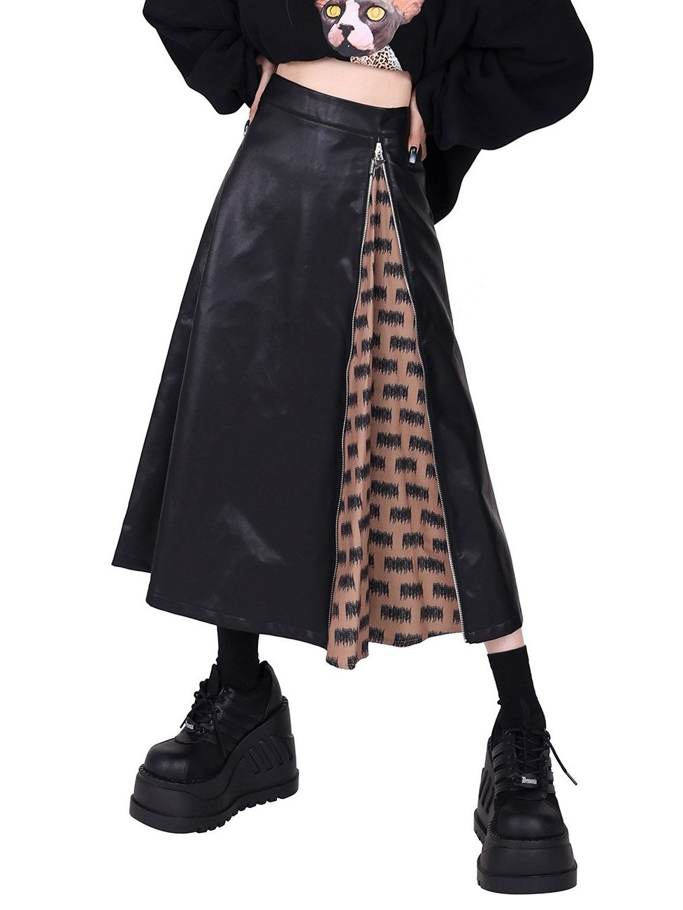 Zipper Contrast Color Leather Skirt