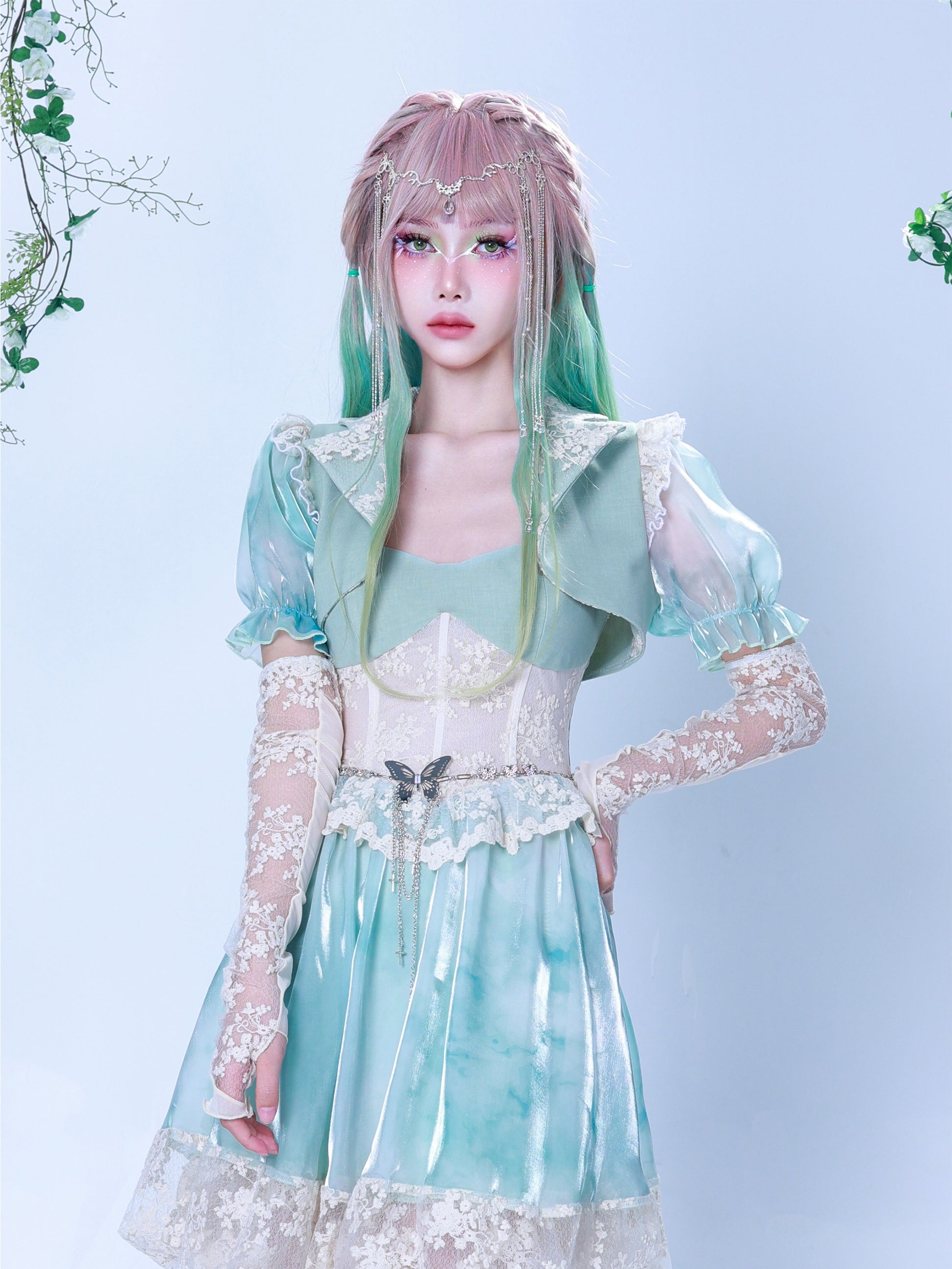 레이스 타이 염색 퍼프 슬리브 짧은 재킷