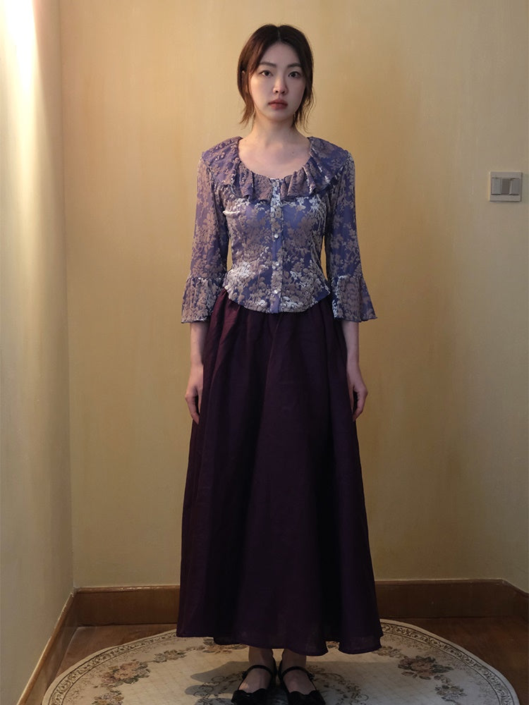 플로럴 프릴 칼라 혼 슬리브 상단