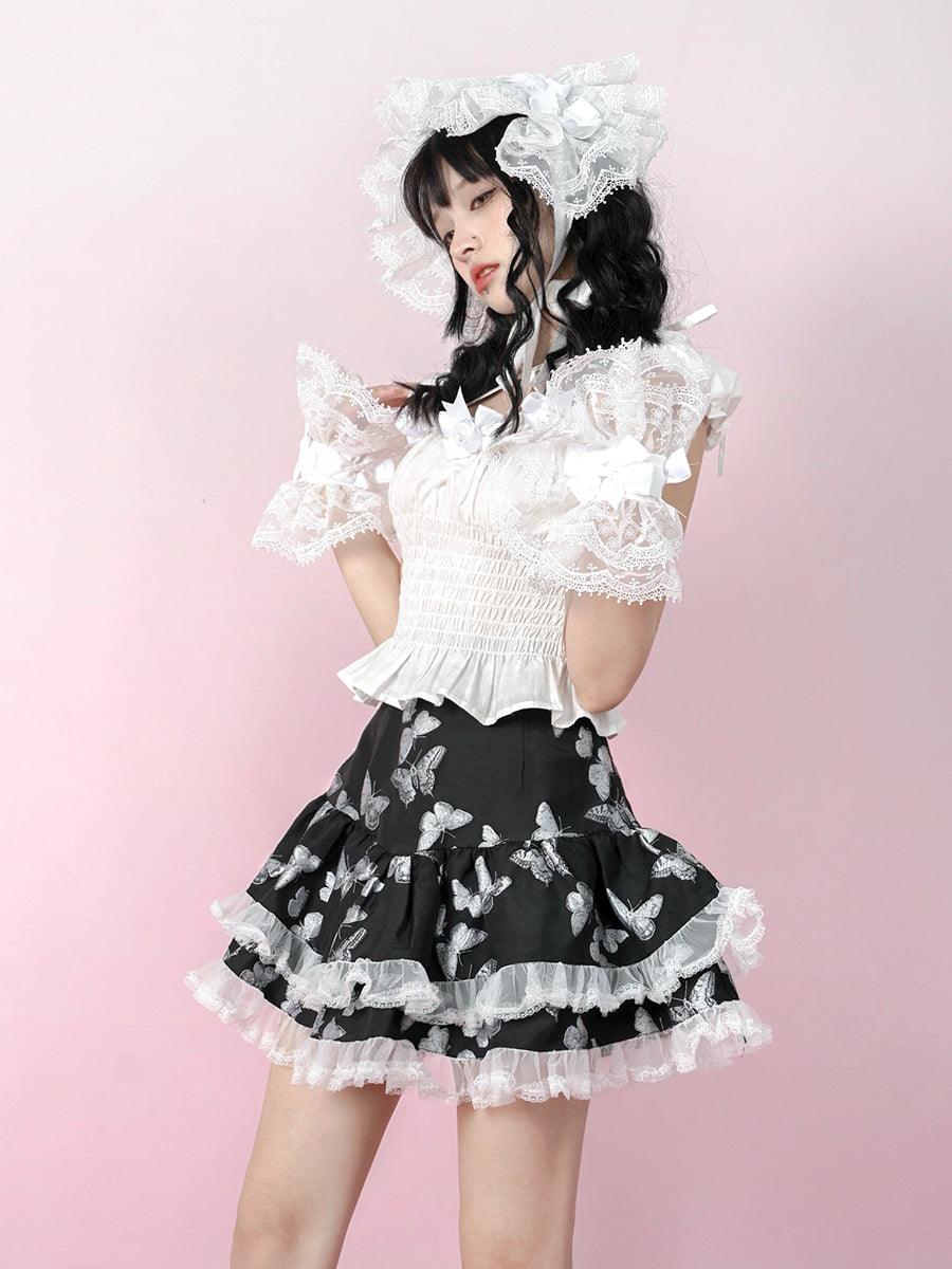 자카드 레이스 퍼프 스커트