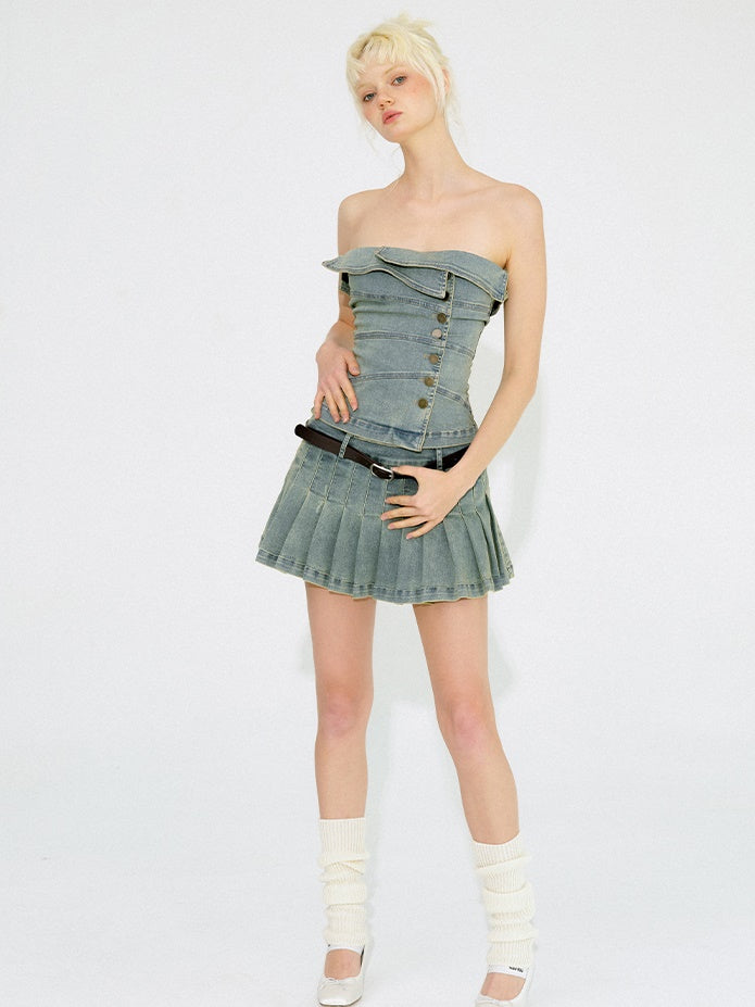 Denim Bare Top & Short Skirt