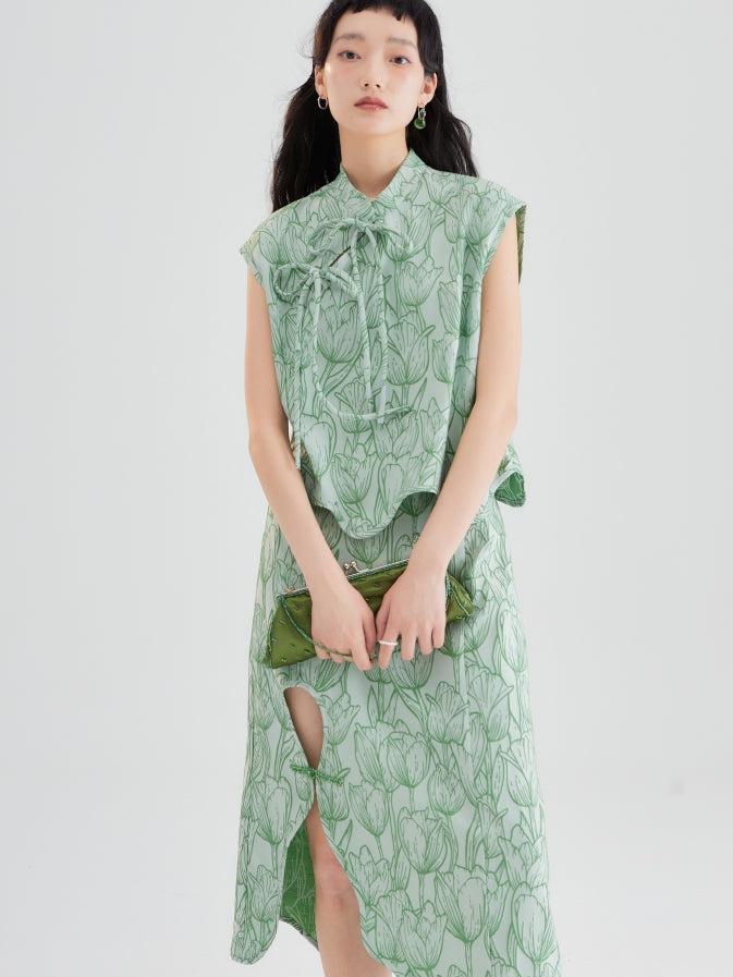 튤립 자카드 버튼 불규칙한 치마