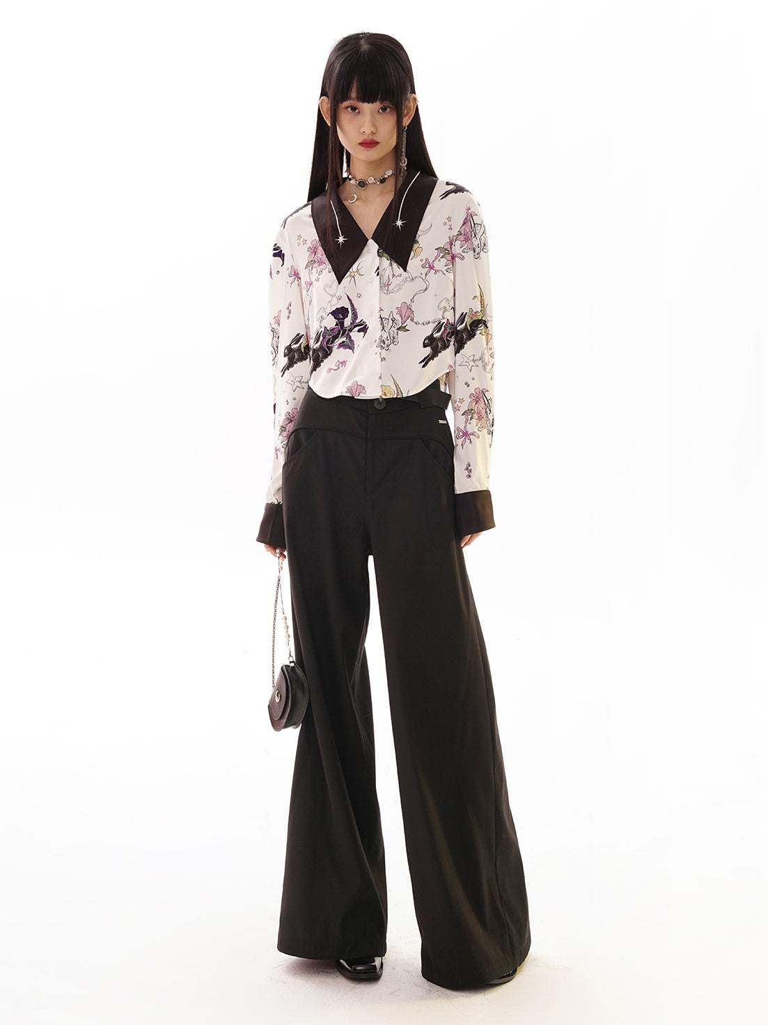 높은 허리 드레이프 넓은 다리 바지