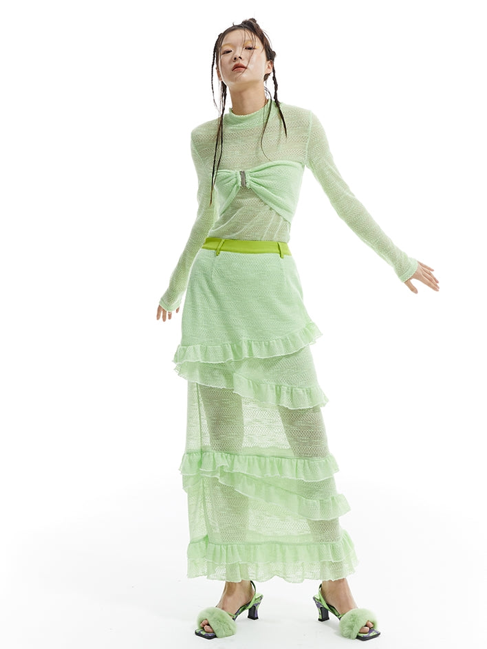 다층 장거리 니트 레이스 스커트