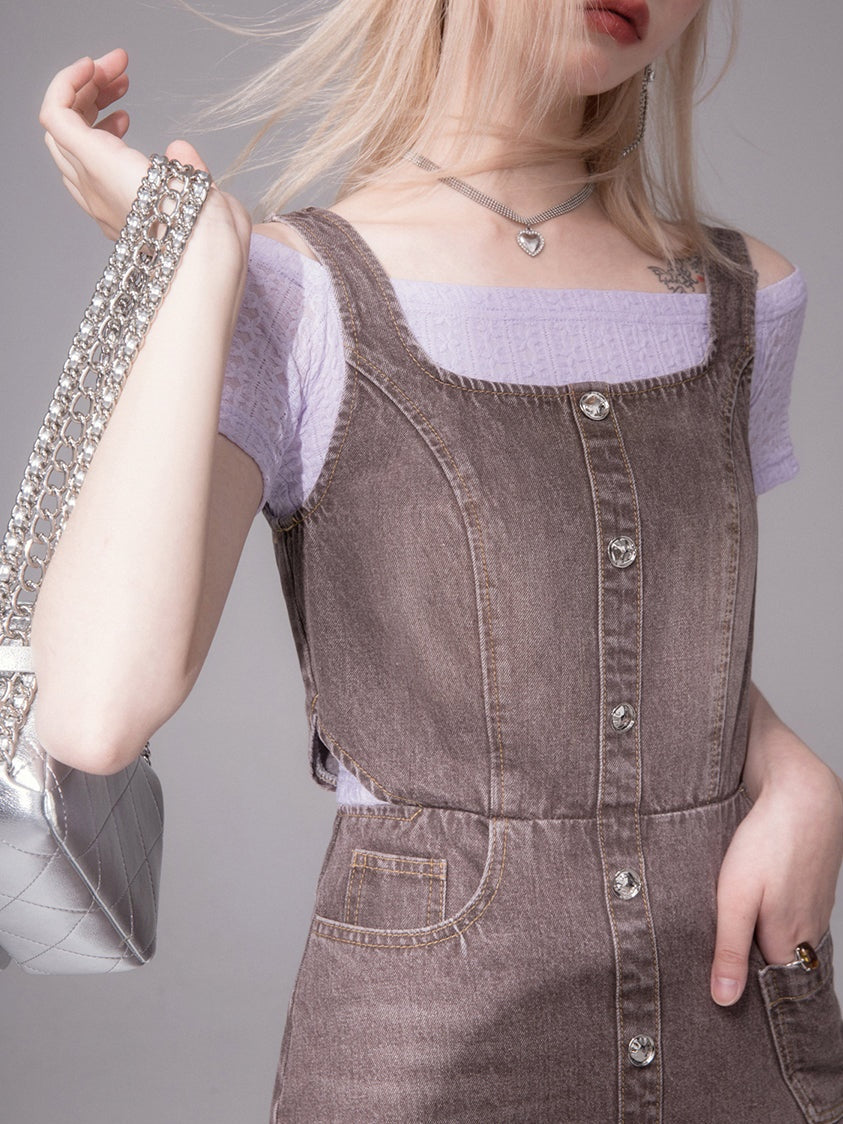 Suspender One-piece & Off-Shoulder T-shirt Set-up