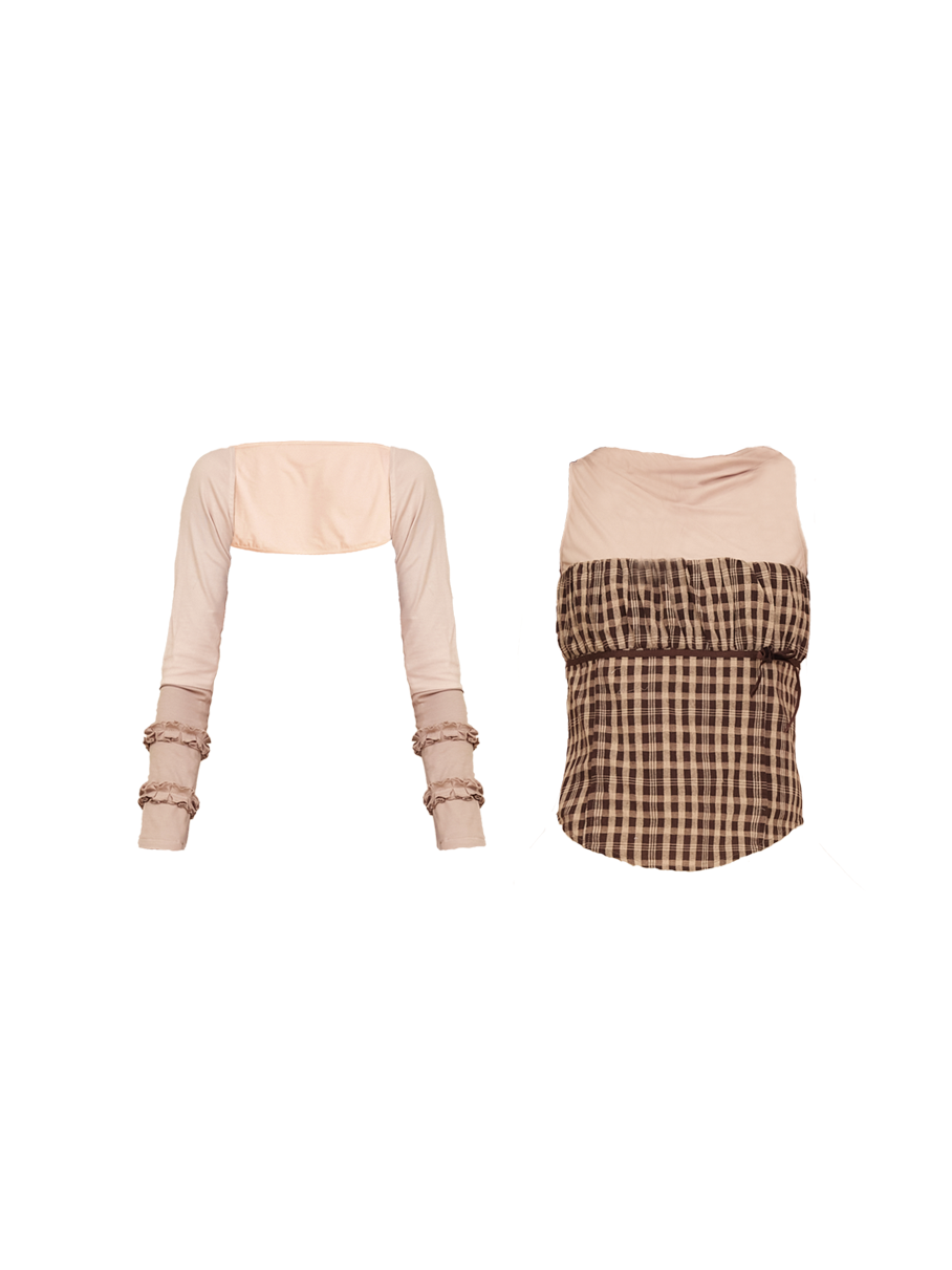 Plaid Splicing Sleevels Top & Short Cardigan