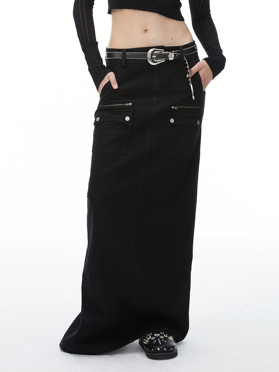 포켓 데님 맥시 저층 치마