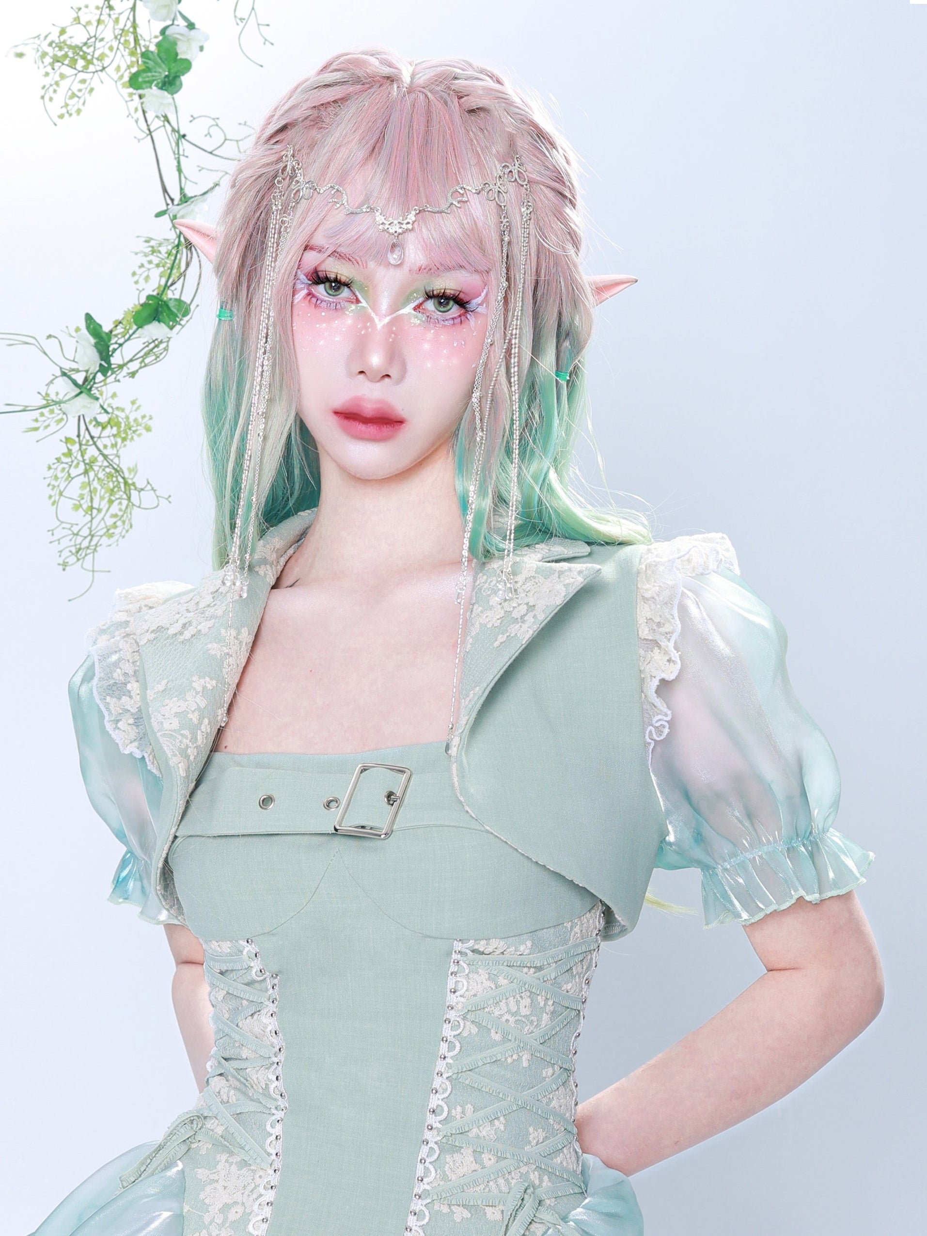 레이스 타이 염색 퍼프 슬리브 짧은 재킷