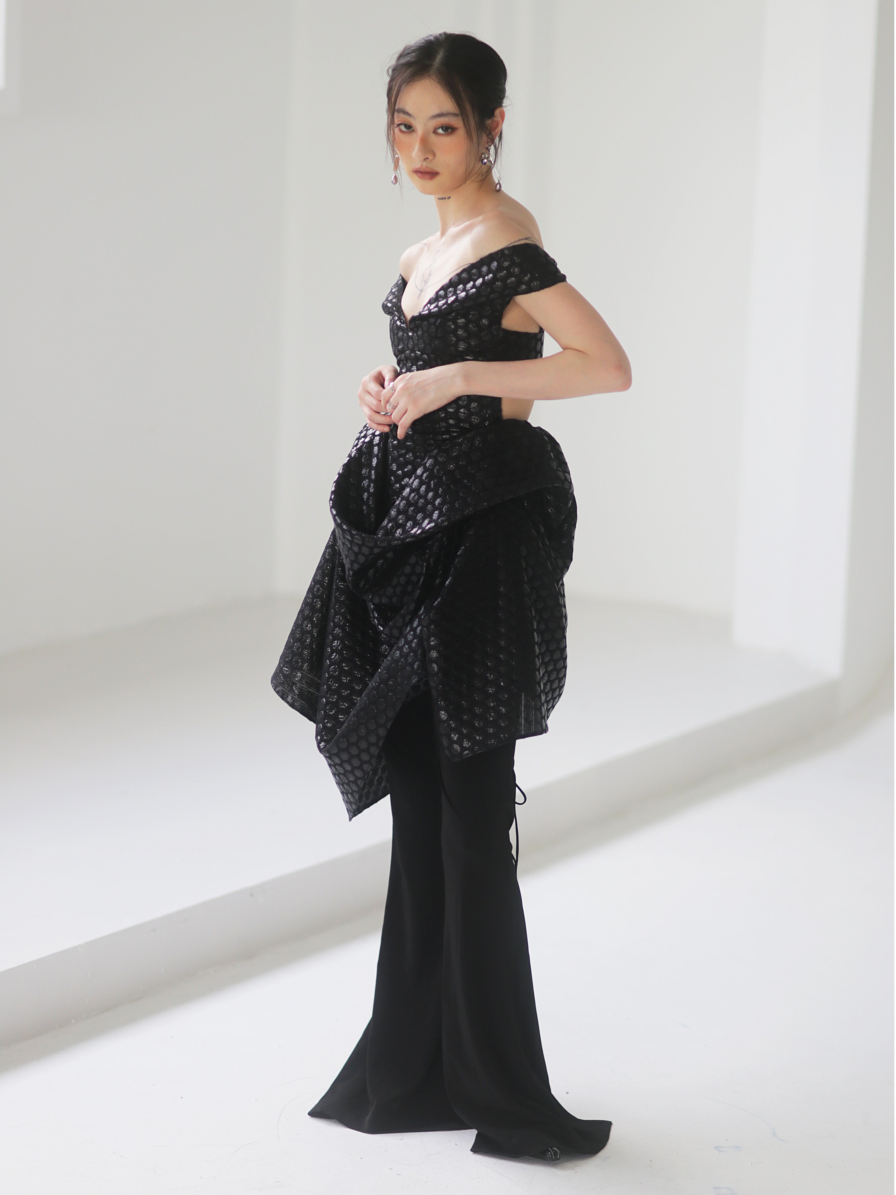 Jacquard Polka Dot Metallic Gloss Black Kleid