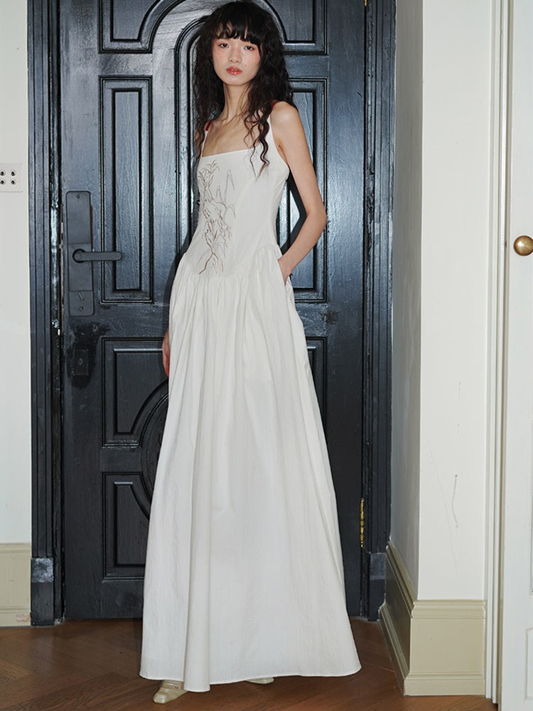 Embroidered Long Backless Sling Dress