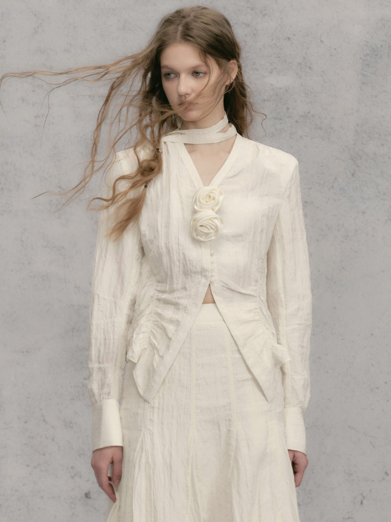 Rose French V-Neck Micro-Waist Shirring Shirt & Skirt