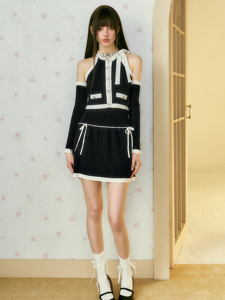 Contrast Color Sleeveress Knitted Top & PLEATED SKIRT & SLEEVE