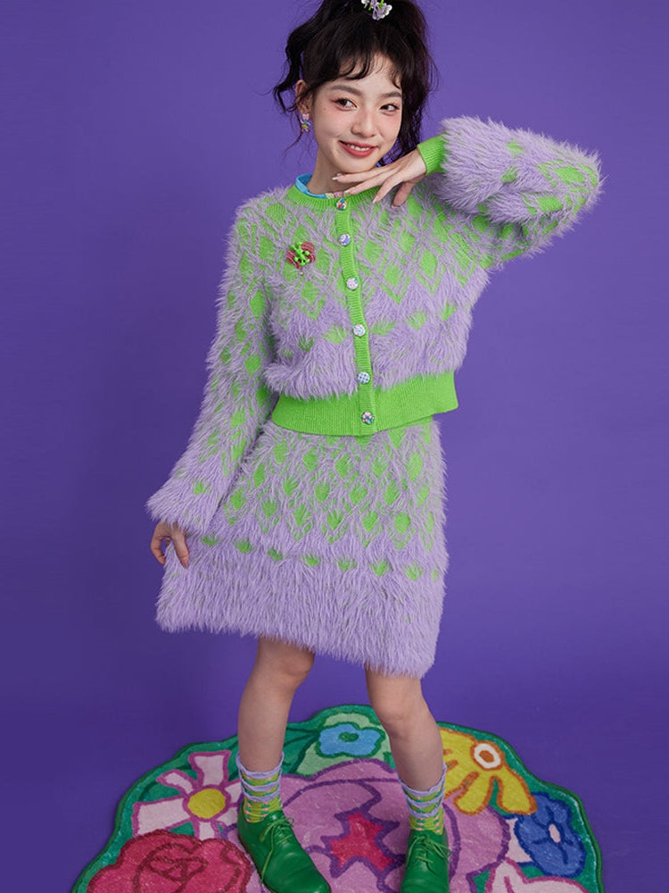 Diamond Check Plush Cardigan & Knitted Skirt