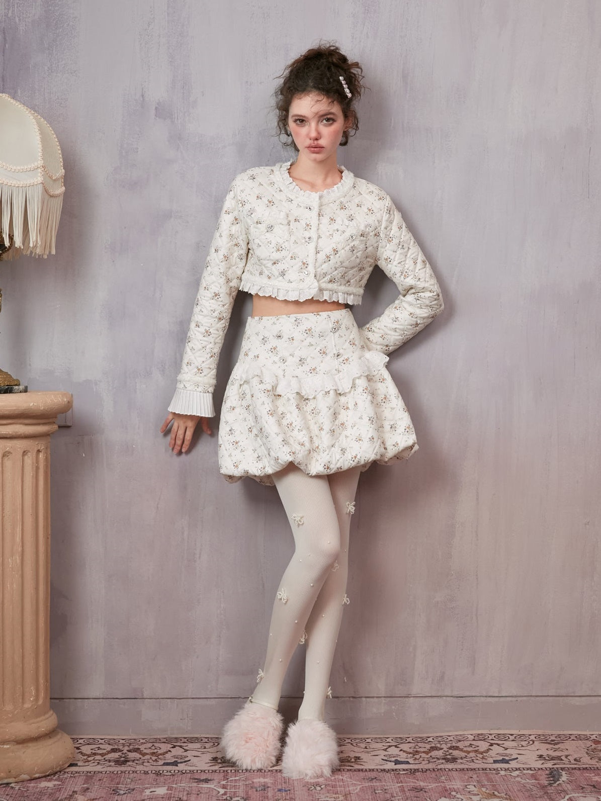 Veste courte et jupe courte en coton floral sans col