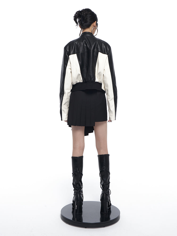 Contrast Color Stand Collar Short Leather Jacket