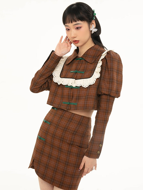 중국 버클 격자 무늬 짧은 재킷 및 스커트