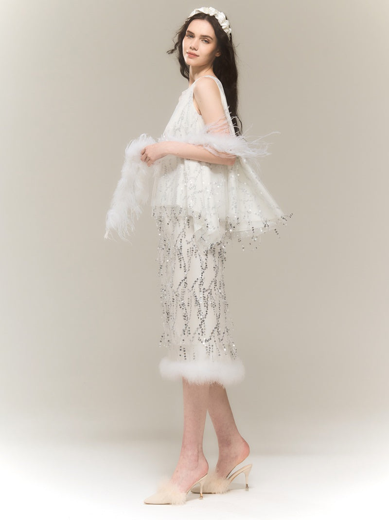 SEQUINED MESH IRREGULAR BLOUSE & SEQUINED SKIRT