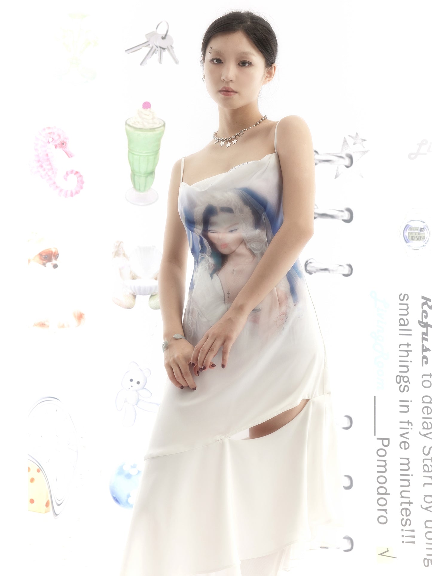 초상화 인쇄 비대칭 헴 슬립 드레스