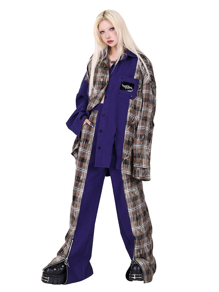 스티칭 격자 무늬 슈퍼 컷 느슨한 셔츠