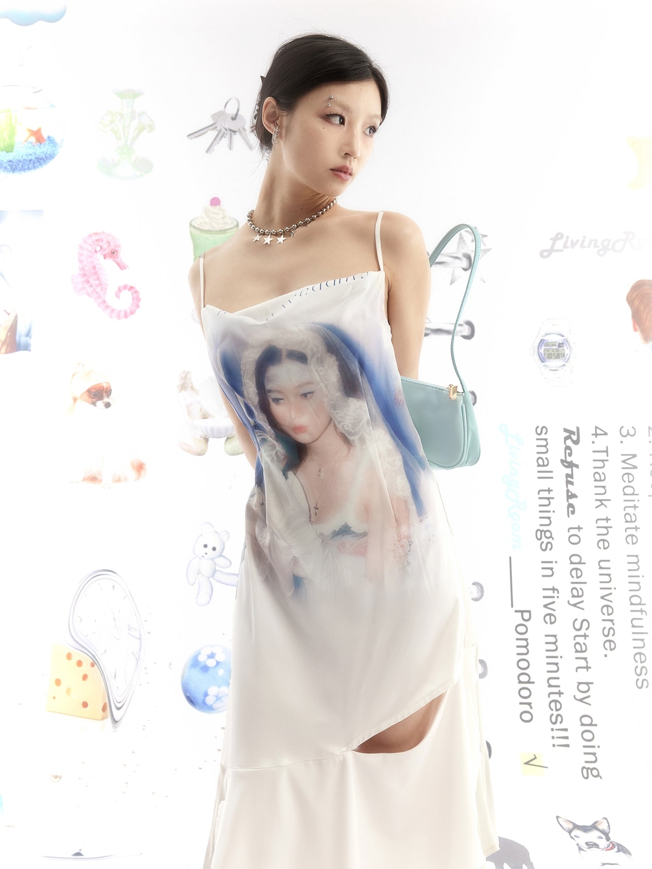 초상화 인쇄 비대칭 헴 슬립 드레스