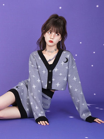 Starry Sky Design Knitted Cardigan & Short Skirt
