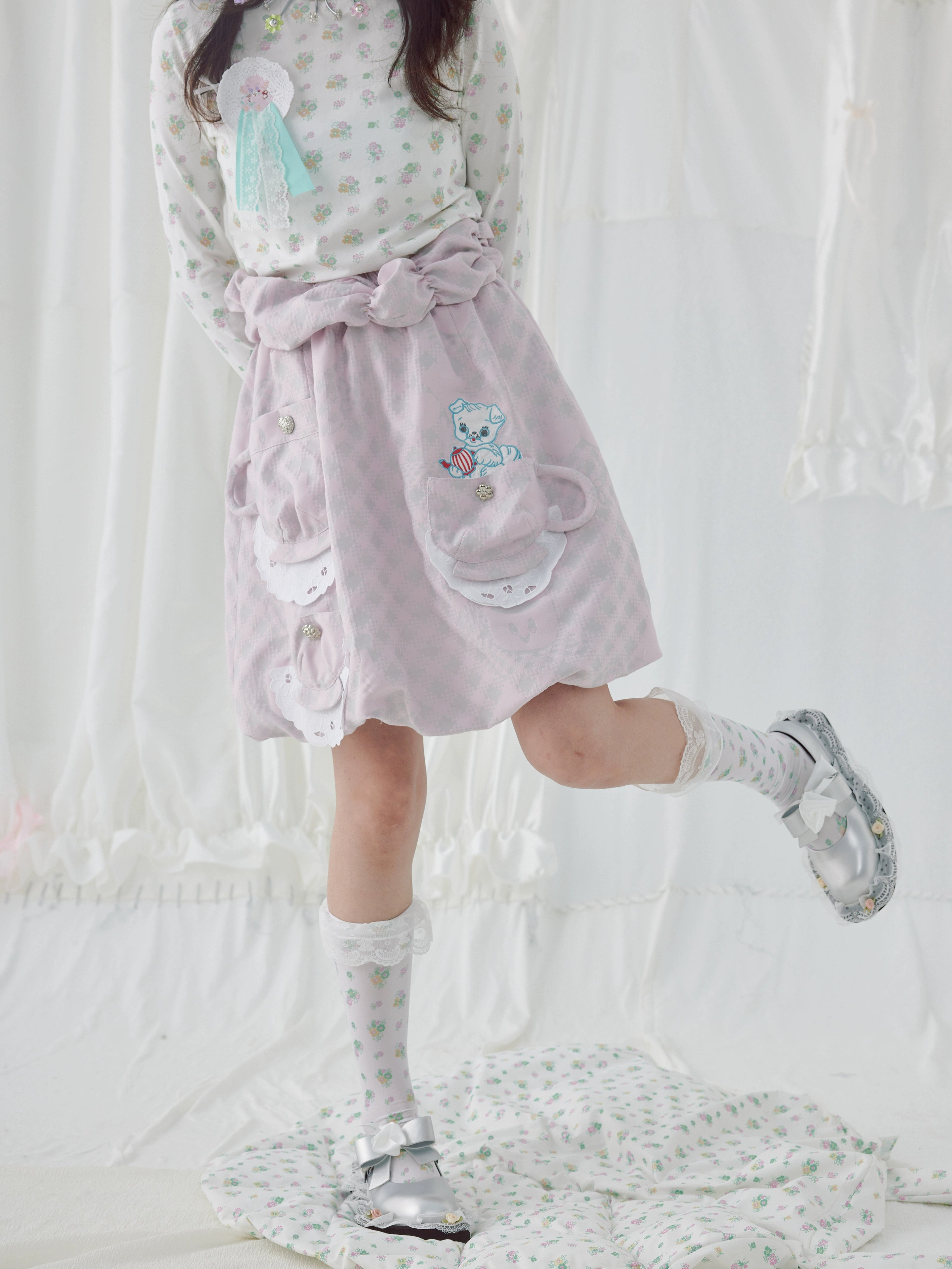 자카드 티 컵 포켓 풍선 치마