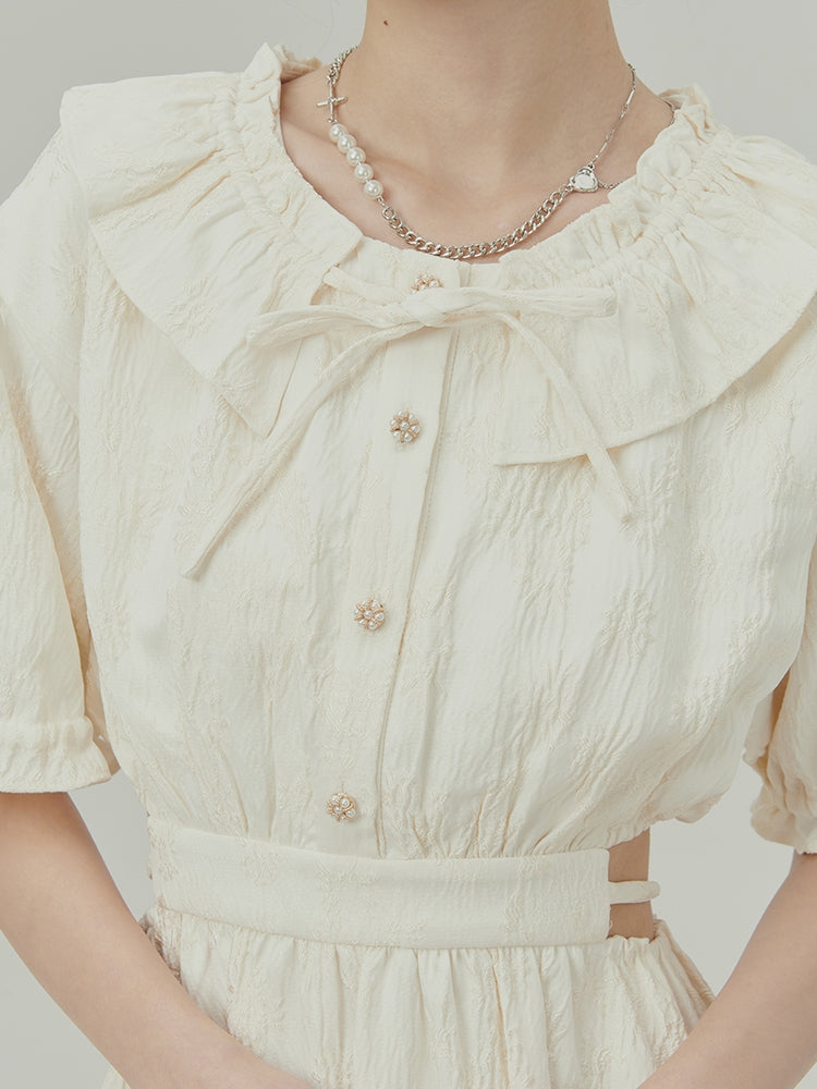 자카드 오픈 허리 드레스