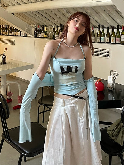 Kitten Printer Halter Camisole & Sleeve