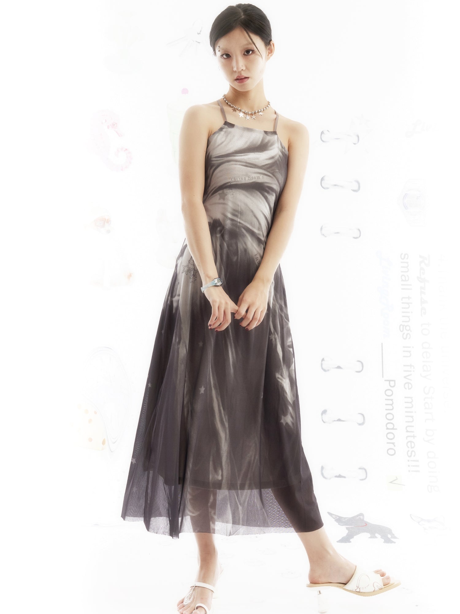 메쉬 크로스 스트랩 드레스를 인쇄하십시오