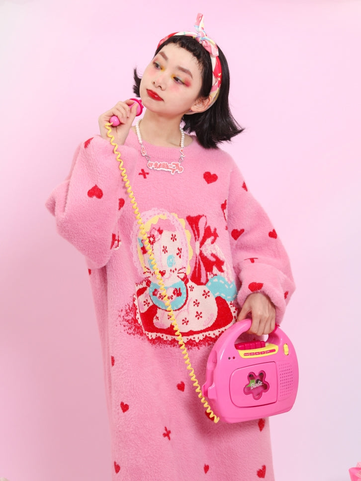 핑크 러브 고양이 스웨터 스커트