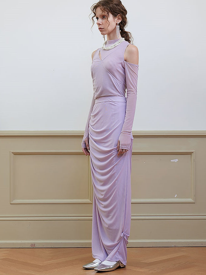 Draped Shirred Irregular Straight Long Skirt