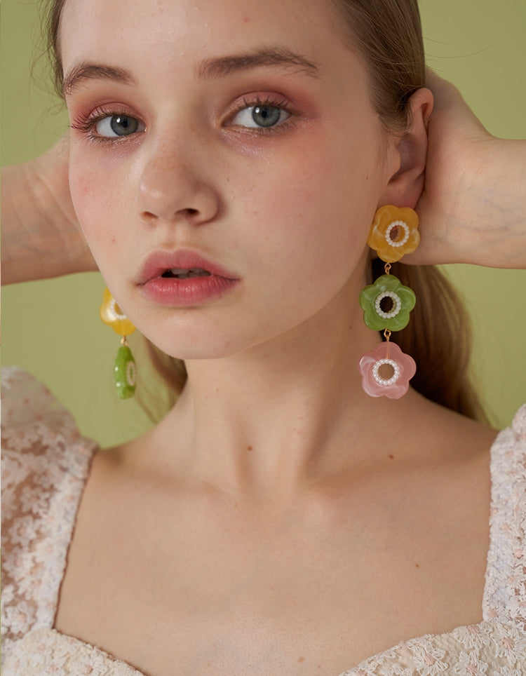 3 색 피는 꽃 긴 귀걸이