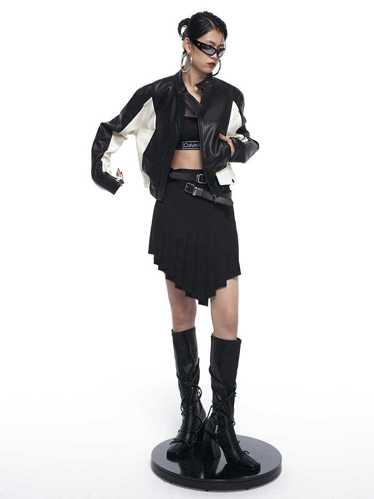 Contrast Color Stand Collar Short Leather Jacket