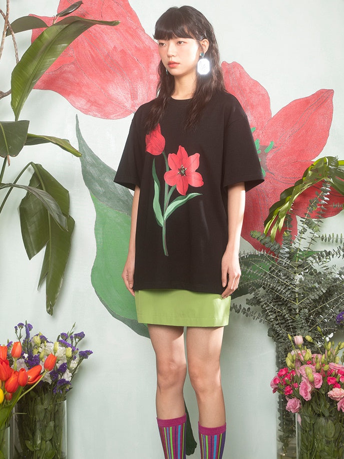 Tulip Print Drop Shoulder T-Shirt