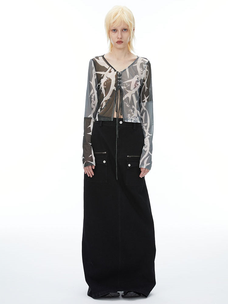 포켓 데님 맥시 저층 치마