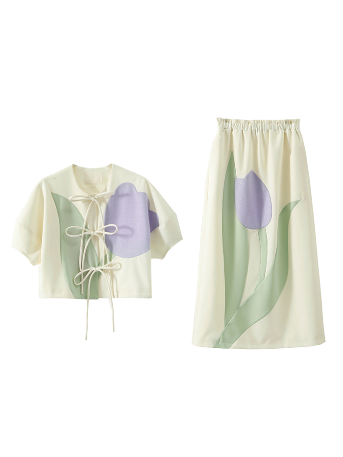 Tulip Bow Short-Sleeed Top & Skirt