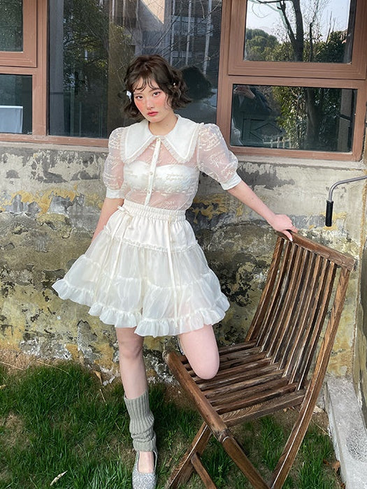 Blouse transparente à manches bouffantes à broderie