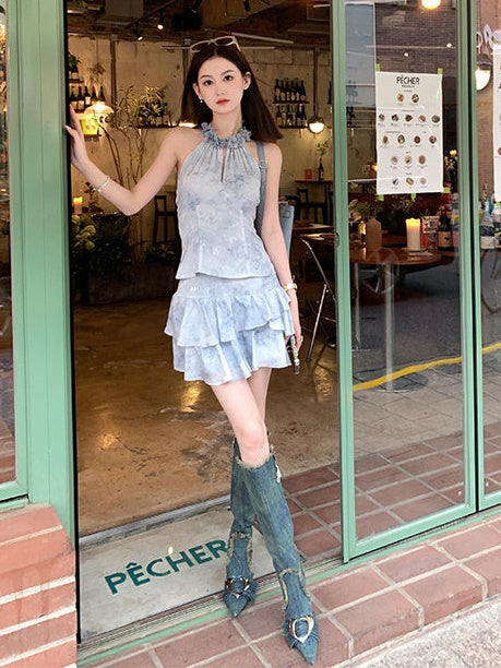 Hanging Neck SleevelessTop & Cake Skirt