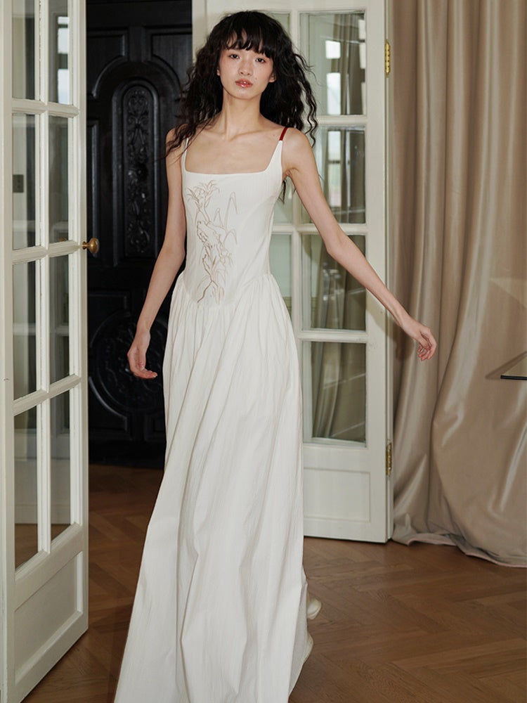 Embroidered Long Backless Sling Dress