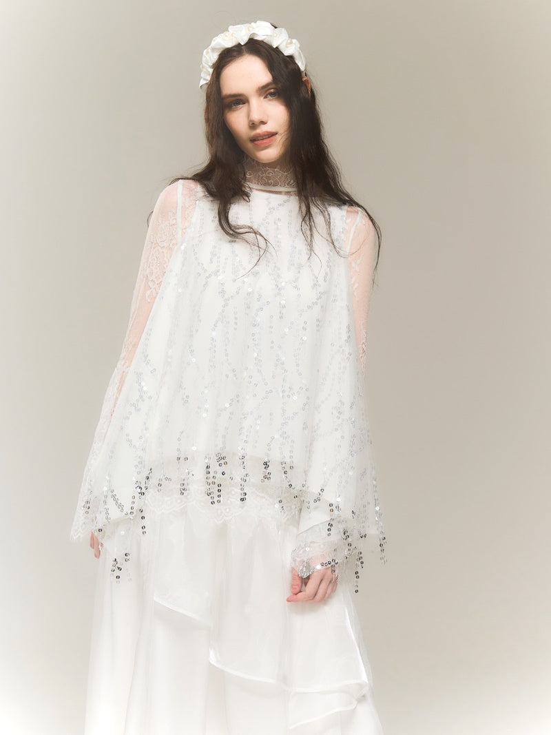 SEQUINED MESH IRREGULAR BLOUSE & SEQUINED SKIRT
