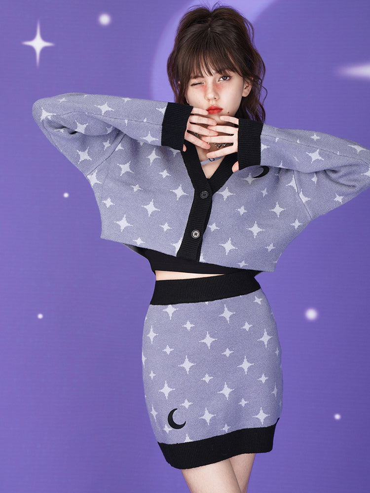 Starry Sky Design Knitted Cardigan & Short Skirt